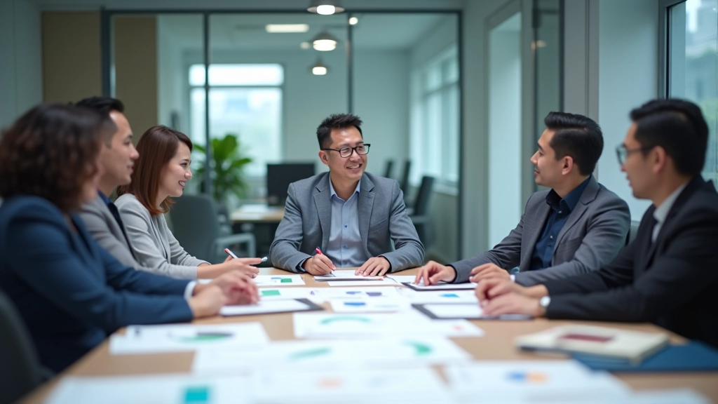Team members reviewing change management strategy documents and timeline planning boards in a modern office environment