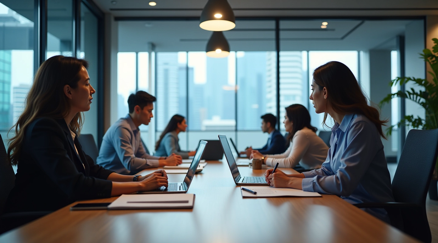 Professional team collaborating on digital transformation strategy in a modern office setting