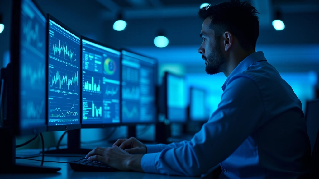 Technology implementation setup showing servers, network infrastructure, and system monitoring dashboard in data center